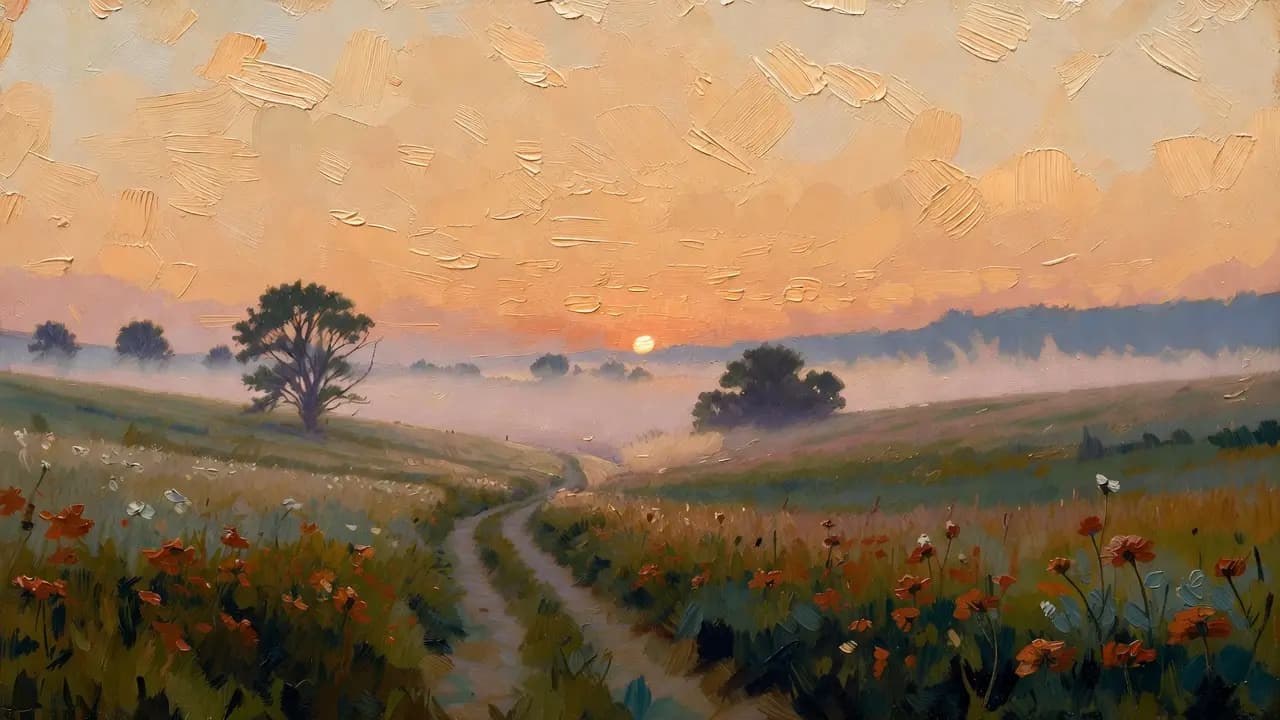 Oil painting of a meadow path at golden hour — ochre sky, terracotta poppies, sage grass